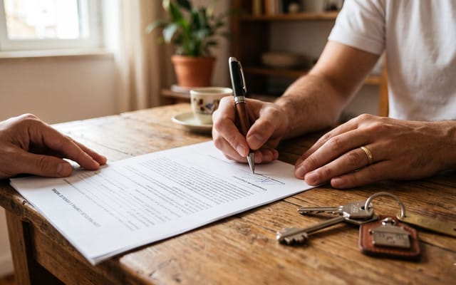 Pessoa assinando um contrato impresso sobre mesa de madeira, com molho de chaves ao lado