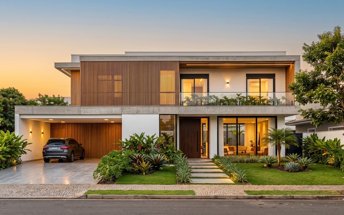 Fachada de casa moderna de dois pavimentos ao entardecer, com garagem aberta